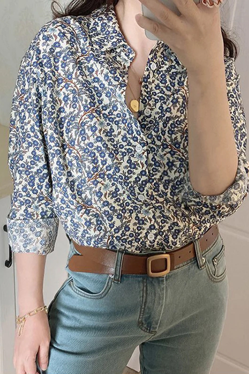 Long Sleeve Blue Floral Casual Blouse Shirt
