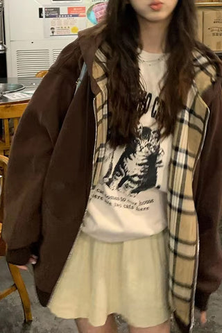 Long Sleeve Plaid Adjustable Zipper Hooded Sweatshirt