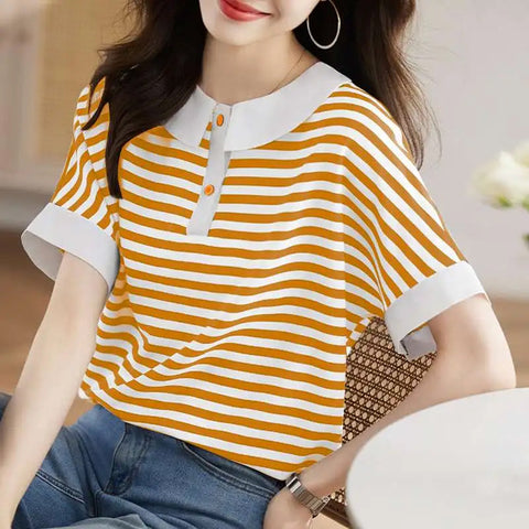 Retro Doll Collar Short Sleeve Striped Shirt