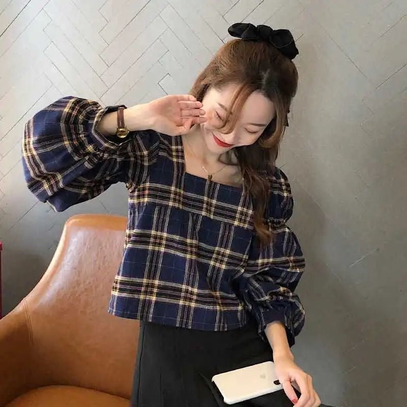 Plaid Backless Lace Up Lantern Sleeve Shirt