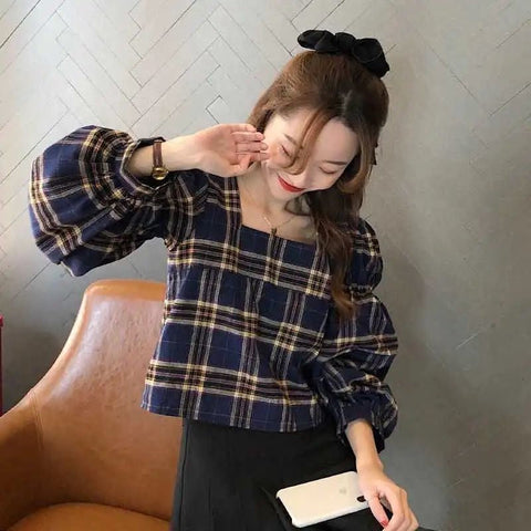 Plaid Backless Lace Up Lantern Sleeve Shirt