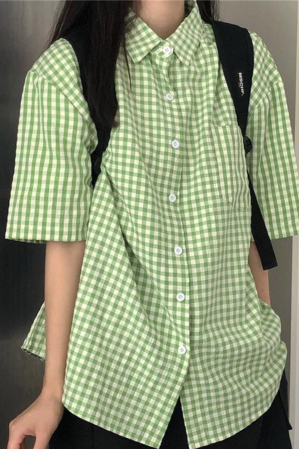 Green Plaid Short Sleeve Blouse Shirt