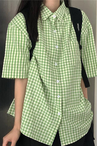 Green Plaid Short Sleeve Blouse Shirt