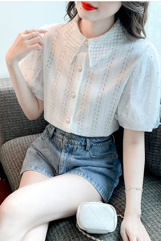 Lace Puff Sleeve Lapel Collar Blouse Shirts