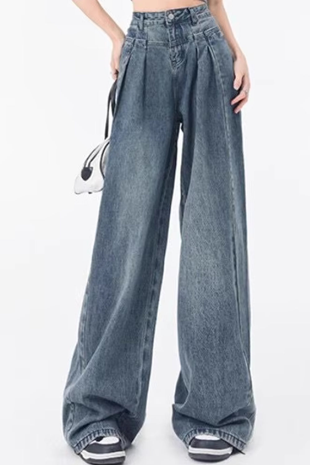 High Waist Pleated Style Washed Jeans Pants