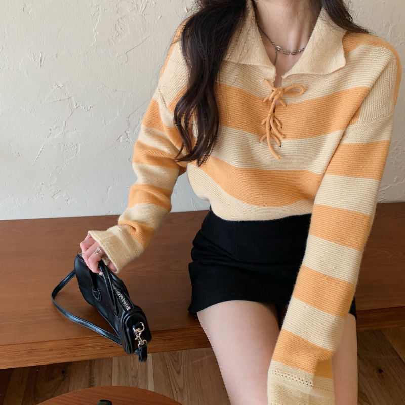 Turn Down Collar Retro Striped Knitted Sweater