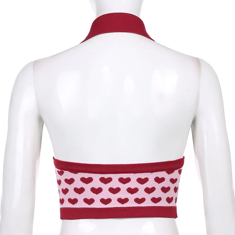 Deep V-Neck Heart Printed Backless Crop Tops