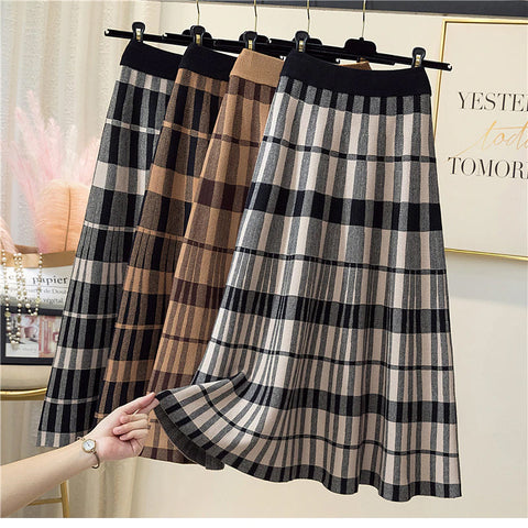 Vintage Knitted Plaid A-Line Mid Length Skirt