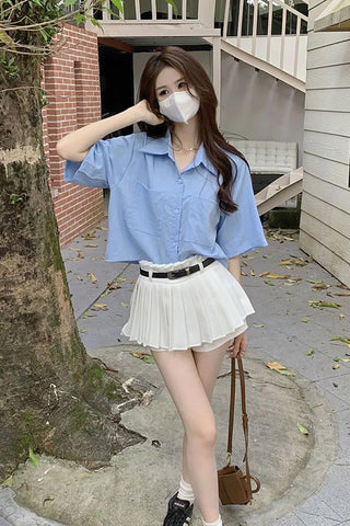 Short Sleeve Basic Colors Cropped Blouse Shirts