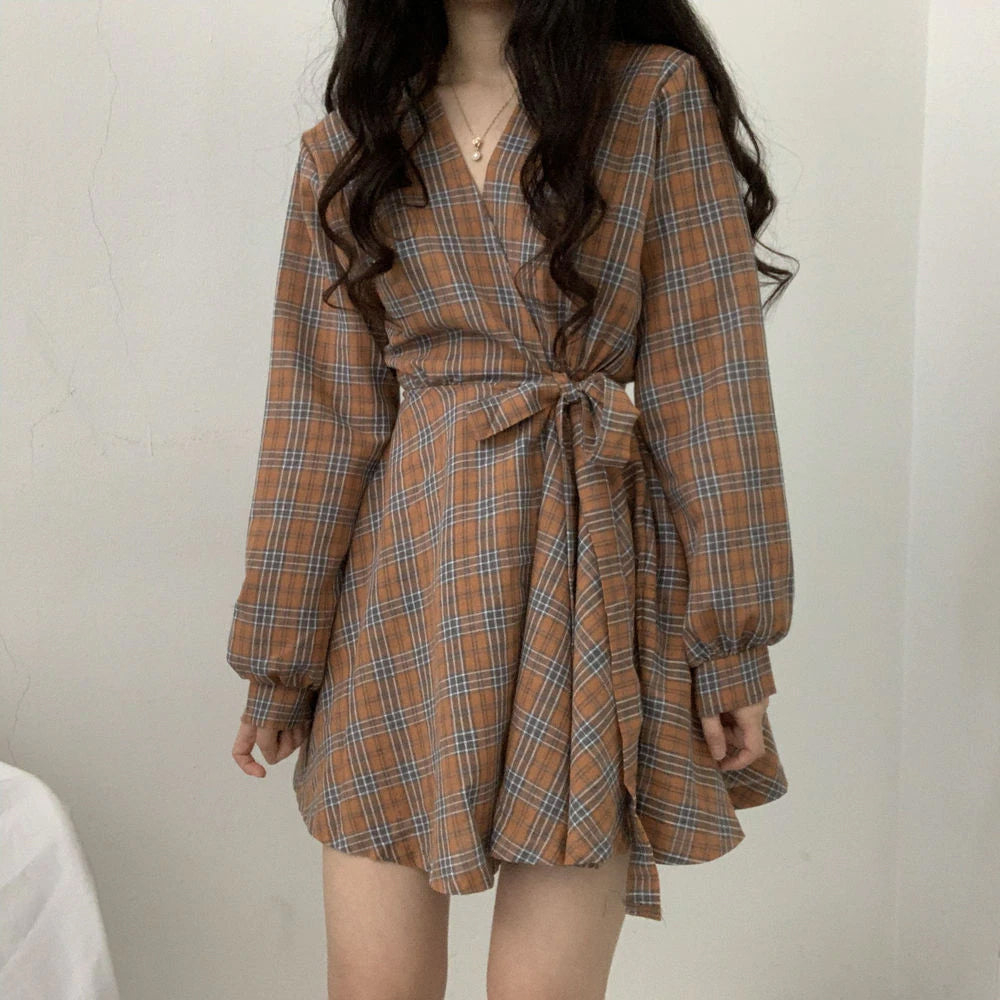 Long Sleeve Cute Bow Plaid Midi Elegant Dress