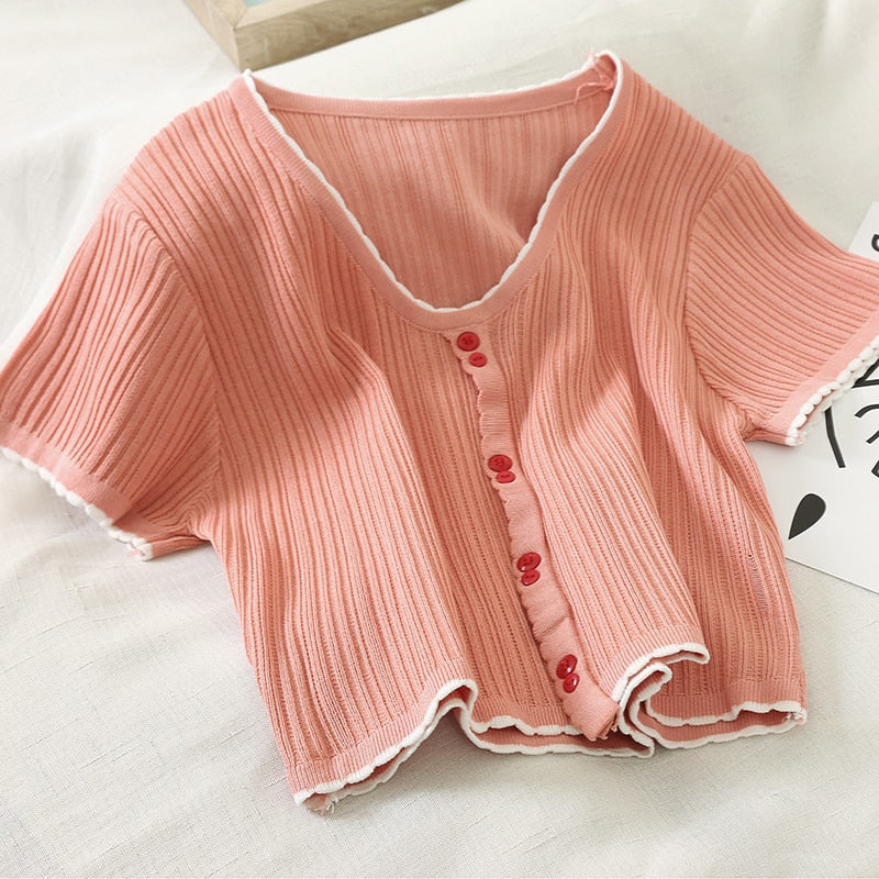 V Neck Slim Button Up Casual Knitted Cropped Shirt