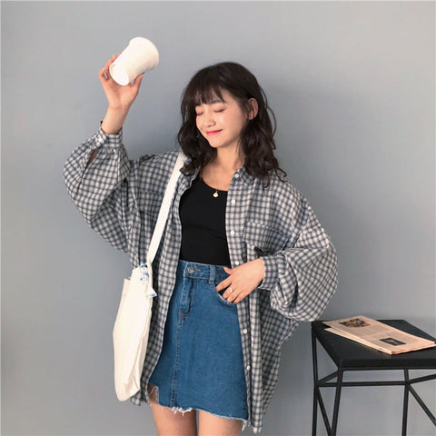 Loose Long Sleeve Casual Plaid Blouse Shirt