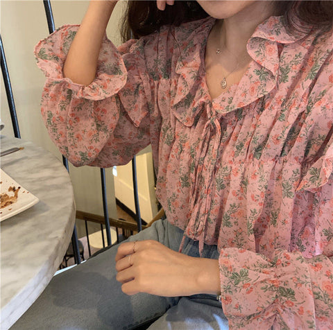 Long Sleeve Ruffled Style Flowers Blouse Shirt