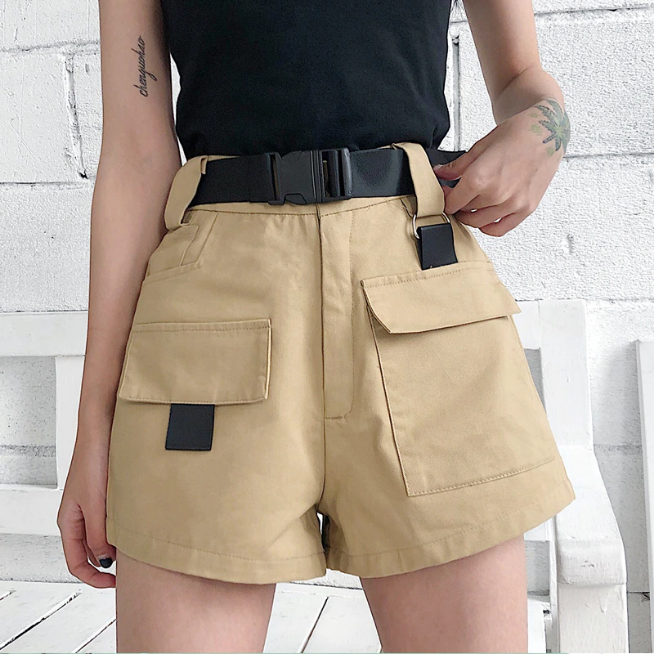 High Waist Cargo Shorts With Pocket Buckle Belt