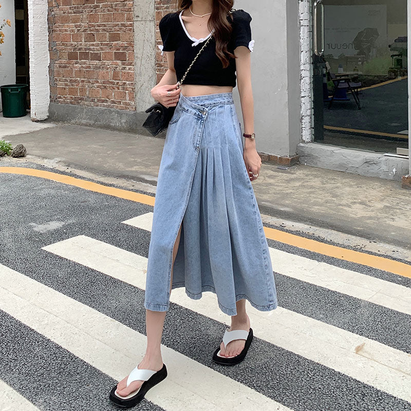 High Waist A-Line Irregular Long Pleated Jeans Skirt