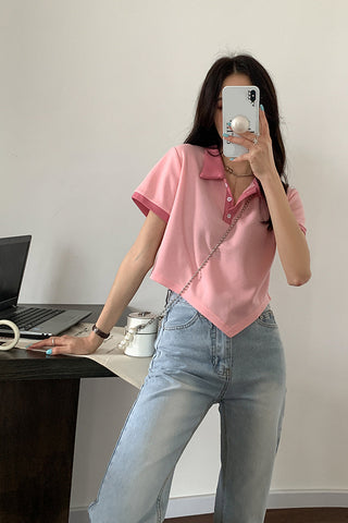 Short Sleeve Asymmetric Turn Down Collar Shirt