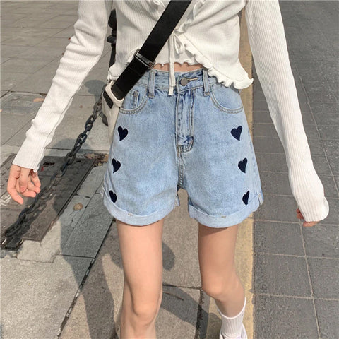 High Waist Heart Love Printed Denim Shorts Pants