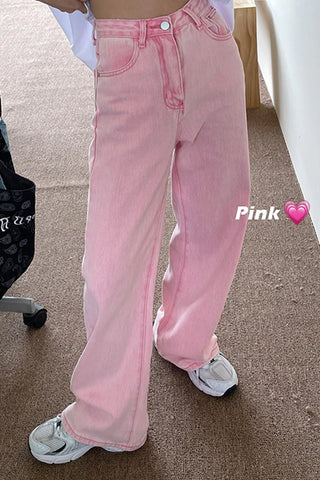 Lässige Jeanshose mit hoher Taille und weitem Bein in Rosa