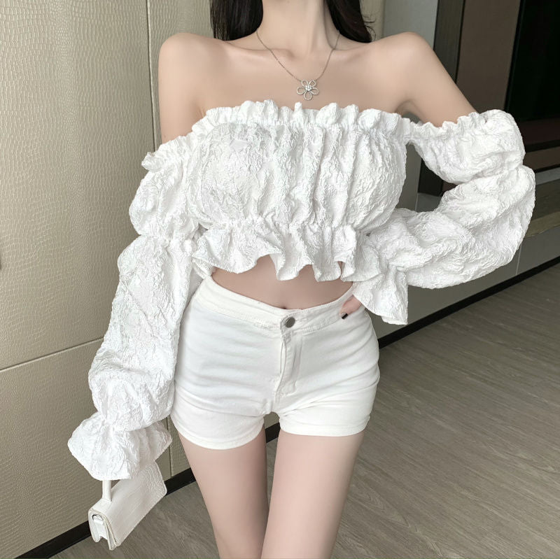 Long Sleeve Sexy Slash Neck Folds Cropped Shirt