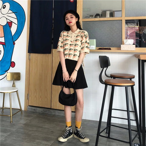 Orange Fruit Printed Loose Crop Top Slim Shirt