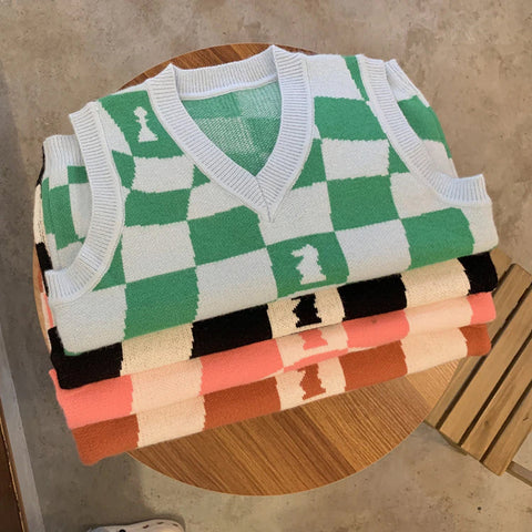 Loose Chess Plaid V-Neck Vest Sweater