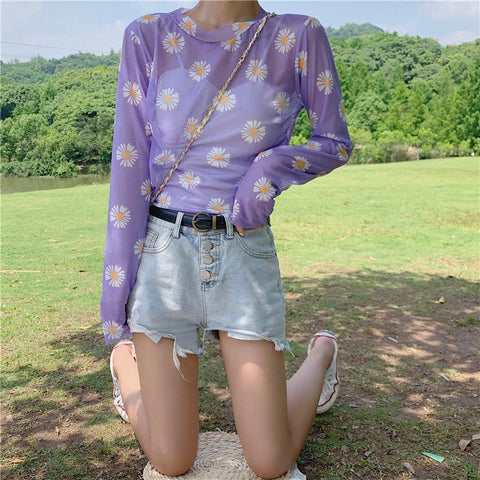 Camisa transparente sexy con cuello redondo y estampado de margaritas