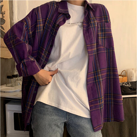 Camisa informal holgada de manga larga a cuadros morada 