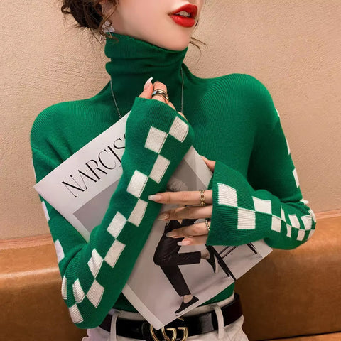 Long Sleeve Side Checkered Knitted Turtleneck Sweater
