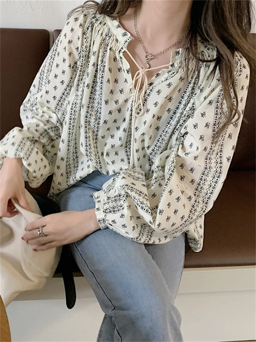 Vintage Printed Lace Up Loose Blouse Shirt