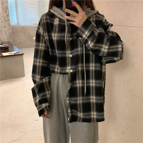 Vintage Basic Plaid Hooded Shirt