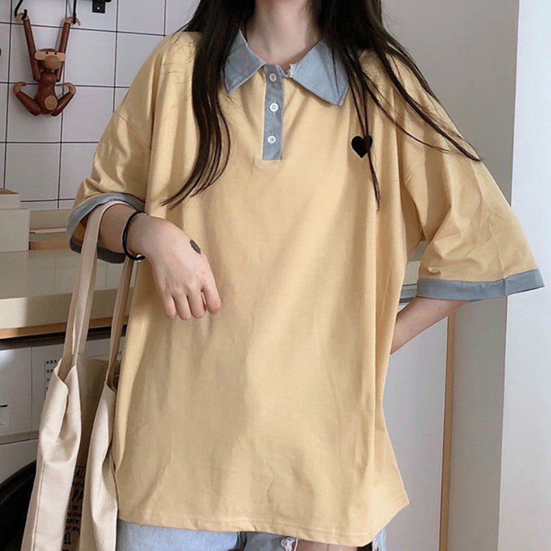 Loose Heart Pocket Printed Collar Shirt
