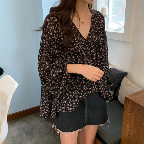 Long Sleeve V-Neck Chiffon Floral Loose Shirt