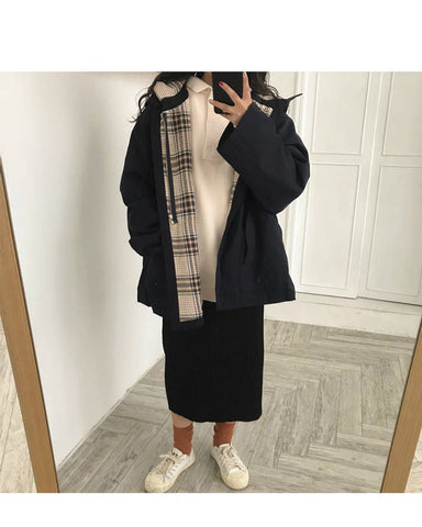 Plaid Adjustable Hooded Trench Jacket