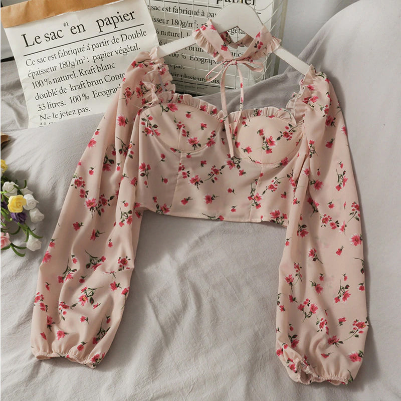 Sexy Long Sleeve Florals Elegant Crop Tops