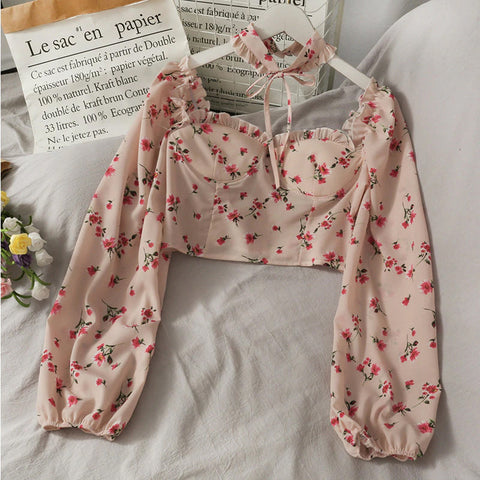 Sexy Long Sleeve Florals Elegant Crop Tops