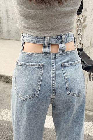 Casual High Waist Wide Leg Hole Jeans Pants