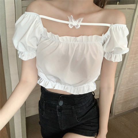 Short Sleeve Butterfly Pattern Sexy Crop Tops