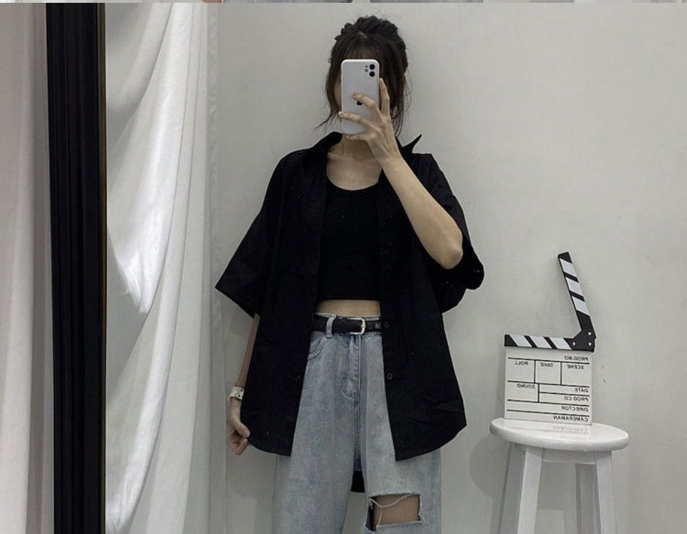 Loose Short Sleeve Solid Blouse Shirt