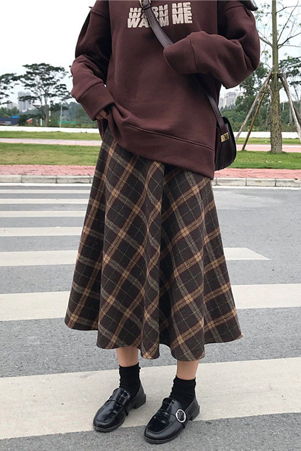 High Waist Wool Plaid Long Skirts