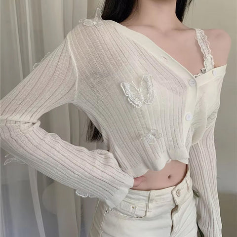 Long Sleeve 3D Butterfly Lace Embroidered Sweater