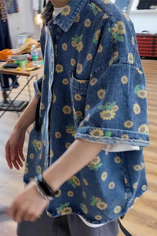 Short Sleeve Daisy Printed Denim Men Shirts