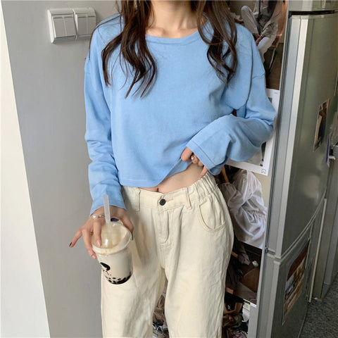 Long Sleeve Candy Colors Crop Sweater