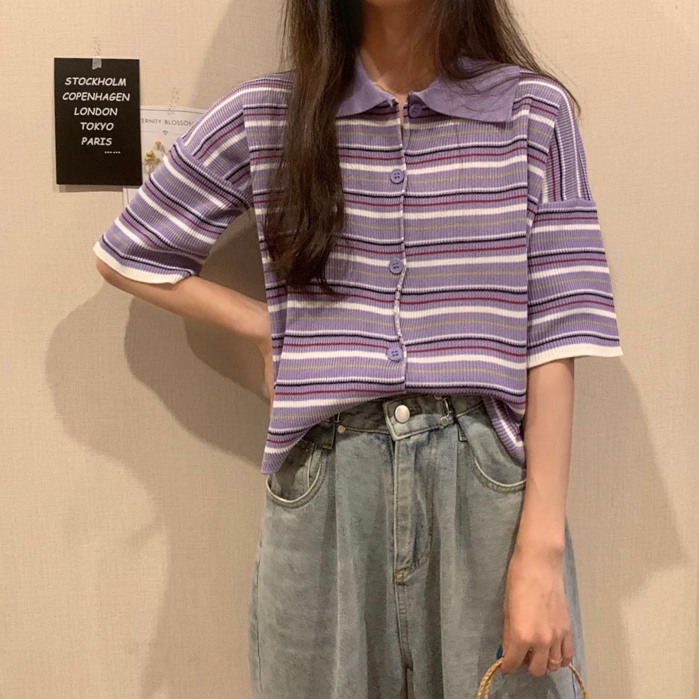 Short Sleeve Striped Colors Collar Shirt