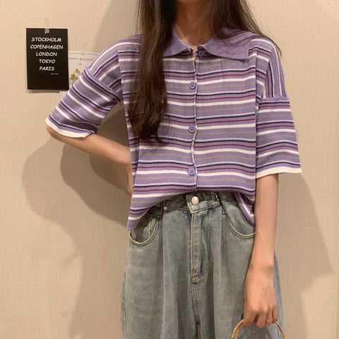 Short Sleeve Striped Colors Collar Shirt