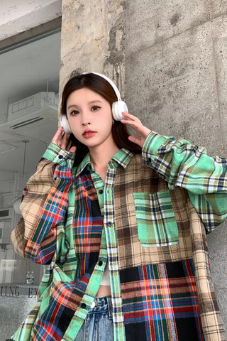 Long Sleeve 3 Colors Plaid Combination Blouse Shirt