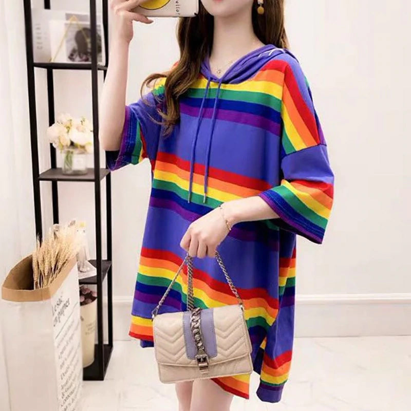 Block Rainbow Hooded Loose Shirt