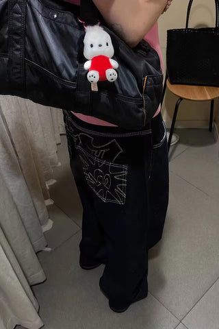 Loose Retro Back Embroidered Black Jeans Pants