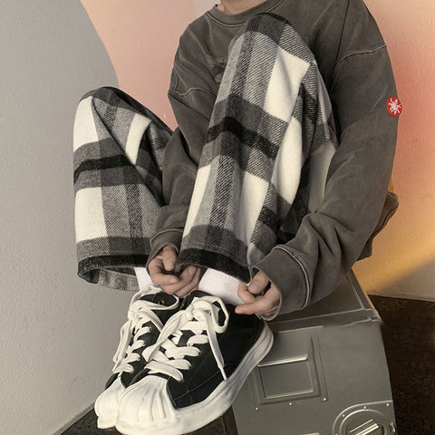 Vintage Long Woolen Plaid Men Pants