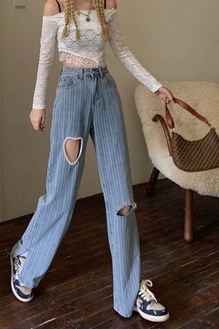 Heart Shaped Hole Wide Leg Denim Pants