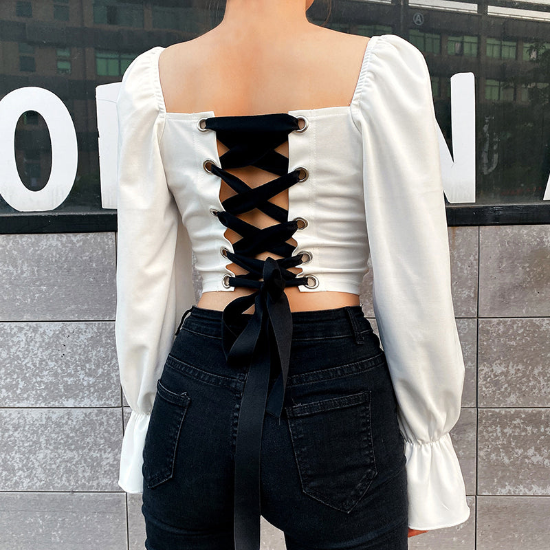 Belted Back Hollow Out Long Sleeve Square Collar Crop Tops